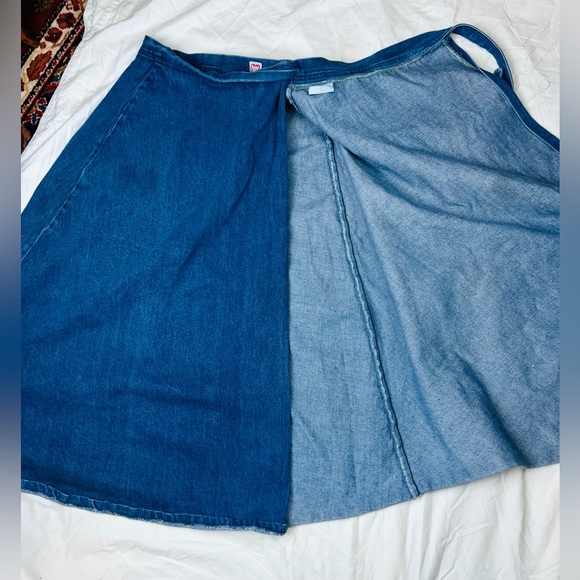 True vintage 70s 90s Pulse cross over tie waist denim A-line midi circle skirt - Picture 3 of 8